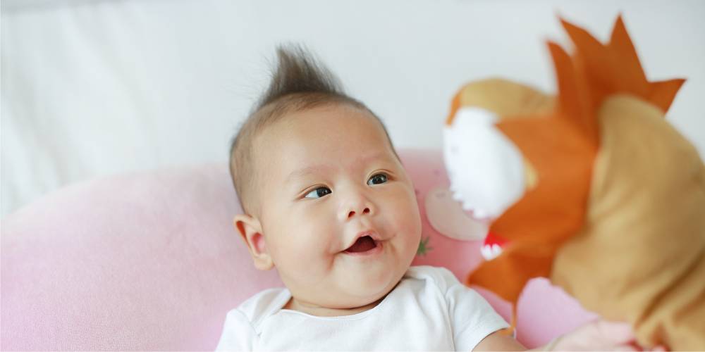Close de bebê oriental olhando atento e sorrindo para um fantoche de leão em tom caramelo.