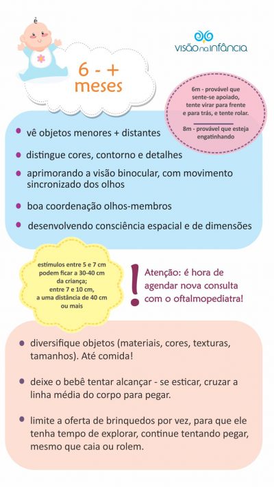 infográfico com principais marcos do desenvolvimento visual e alertas a partir dos 6 meses